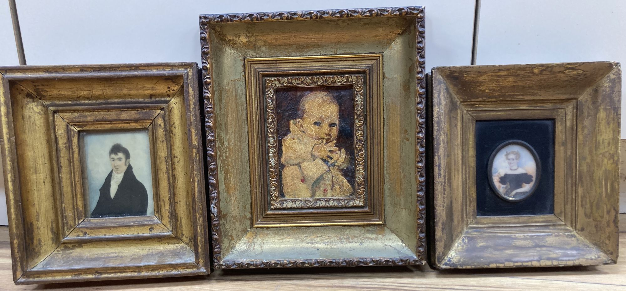 19th century English School, two oils on ivory, Miniature portraits of a girl and gentleman, 5 x 4.5cm and 10 x 7cm, together with a la